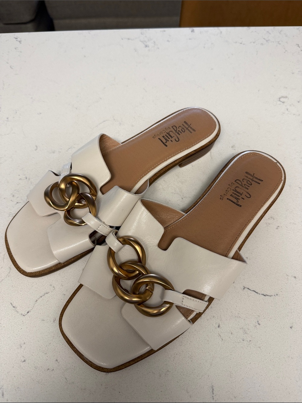 Ivory Leather Slide Mules with Gold Chain Accent